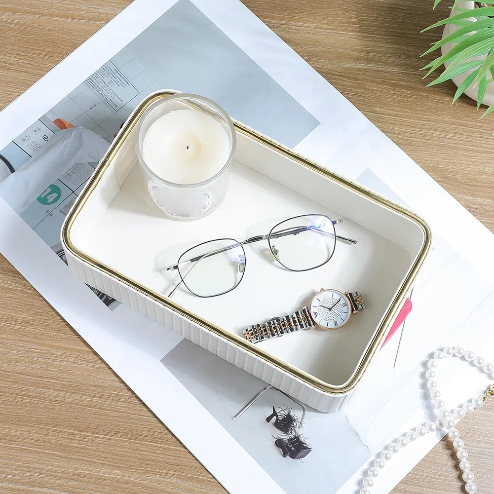 PU Leather Storage Tray Rectangular Jewellery Ring Holder Plate Multi-Function Decorative Vanity Tray for Bathroom Bedroom