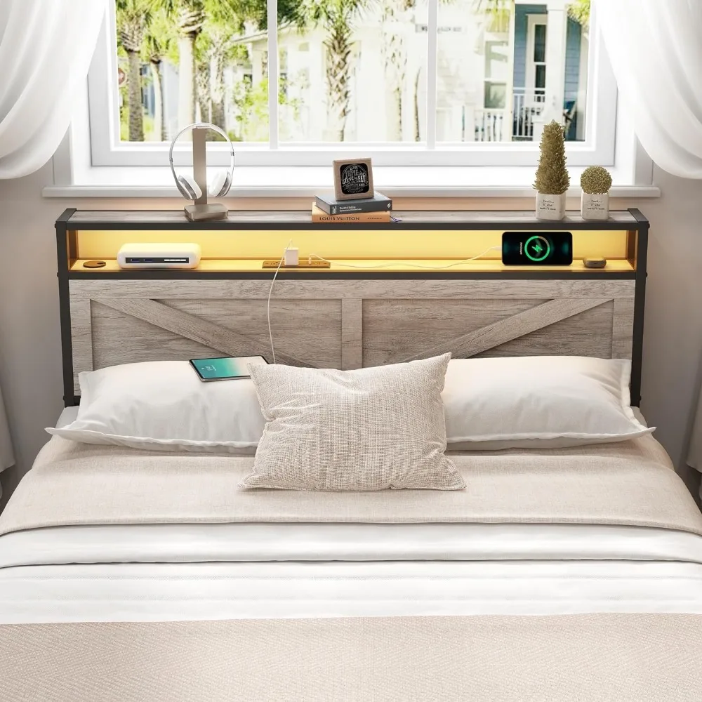 Full Bed Frame Headboard Platform Bed Storage 2 Outlets USB Type C Port