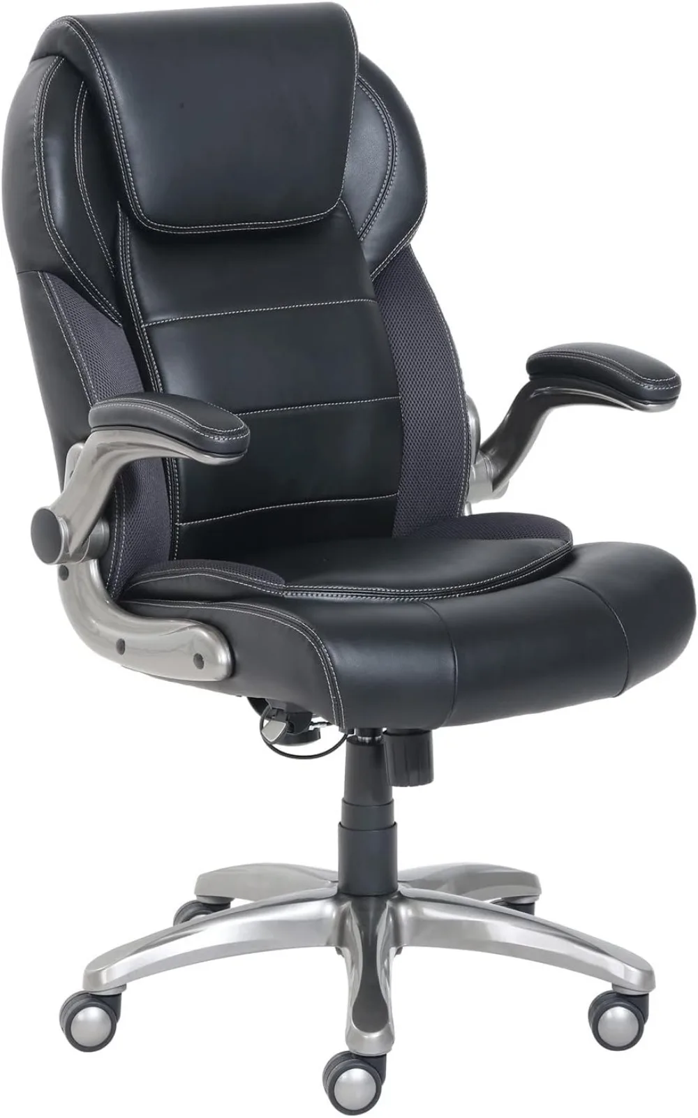 

Основное эргономичное кресло руководителя с высокой спинкой из обработанной кожи с откидными руками и поддержкой поясницы, черное настольное кресло