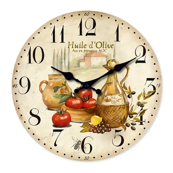 Retro Wooden Provence Olive Oil & Tomato Pattern Wall Clock – Silent Quartz, 10–16 Inches 1
