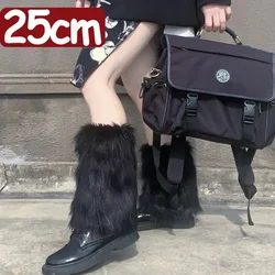Japanese White Faux Fur Knee - Length Leg Warmers - Y2K Goth Punk Fashion - One Size (Black - 25cm)