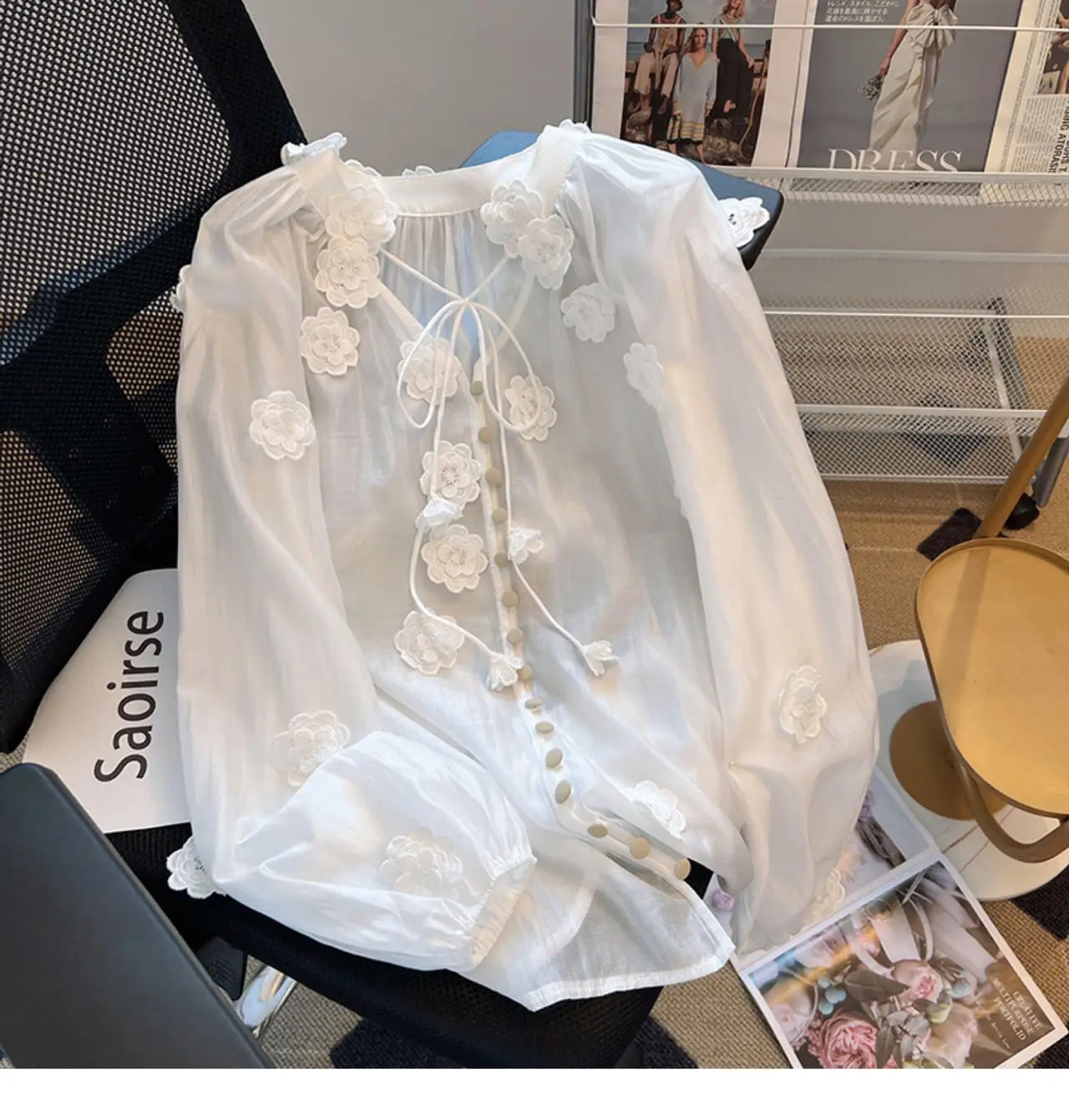 

Sexy Shirt Blouse Women's V-neck Drawstring Elegant Flowers 2023 Spring Summer New Long-sleeved Sunscreen Tops Mujer
