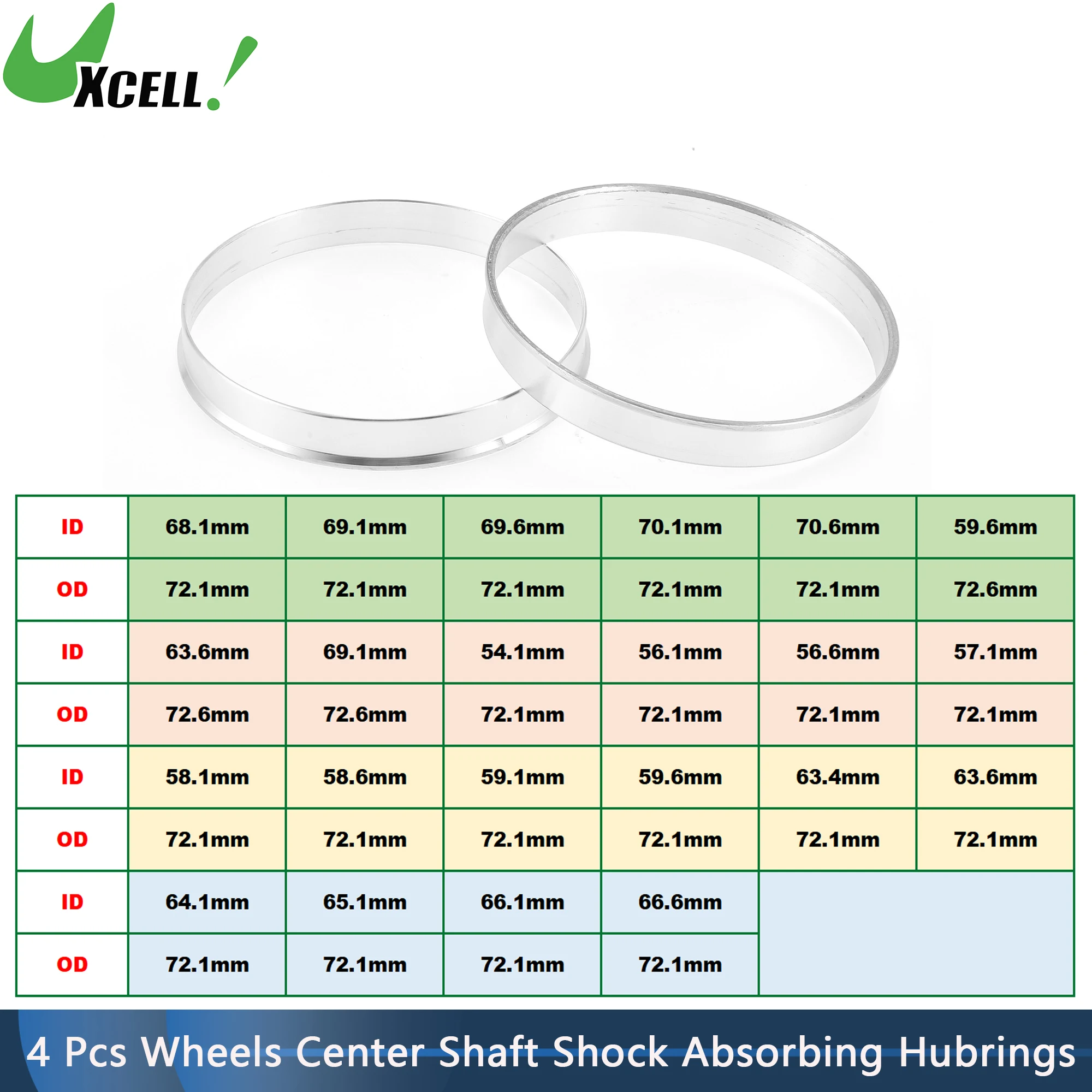 4pcs Car Wheel Hub Centric Rings Wheels Center Shaft Shock Hubrings OD 72.1mm 72.6mm to ID 54.1/58.6/59.6/63.6/70.6mm UXCELL