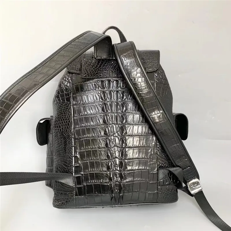 Authentic Crocodile Skin Drawstring Closure Male Black Casual Backpack Genuine Alligator Leather Men's Large Travel Bag Pack 2