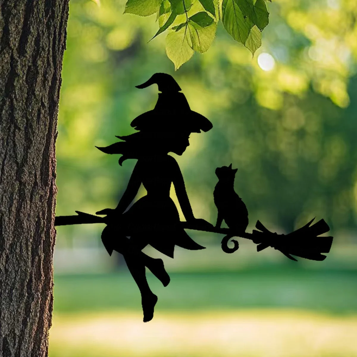 Enchanting Witch & Cat Garden Decor - Durable Iron Art with Flying Broomstick, for Halloween & Outdoor, Outdoor Garden Decor 5