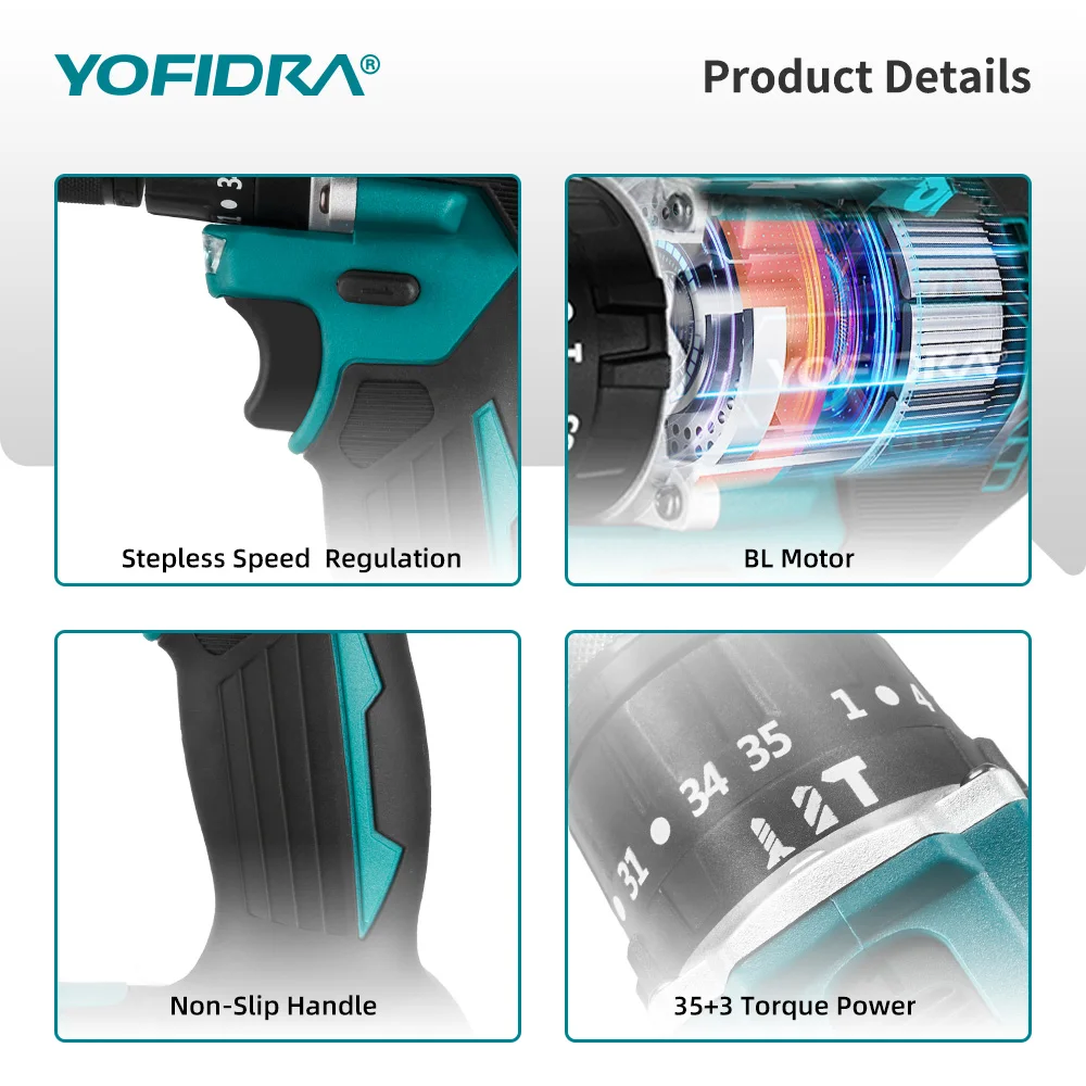 YOFIDRA 13mm 35+3 토크 브러시리스 전기 임팩트 드릴 무선 고효율 전기 스크루드라이버 마키타 배터리 핀용 공구