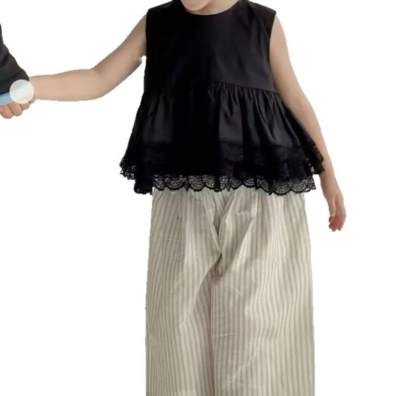 Girls' Set Fashion Doll Shirt Sleeveless Lace Black Vest+ striped Pants Mosquito Proof Pants Summer Girls' Clothing Sets - 5