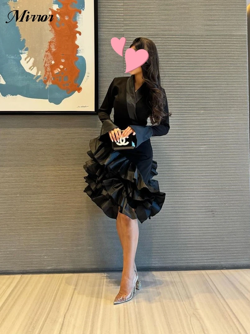 Mirror Dress Elegant Vintage Sexy Black Mermaid Ruffle V-Neck Short  Customize Formal Occasion Prom Dress Evening Party Gowns - AliExpress 320