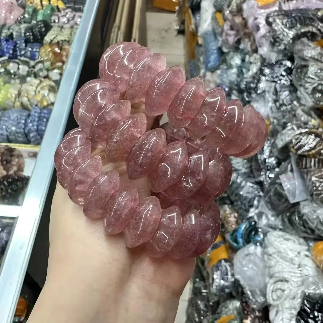 천연 딸기 쿼츠 스톤 팔찌, 남녀공용, 심플한 에너지 스톤 팔찌, 아카데믹 자기장 쥬얼리, 10 × 22mm