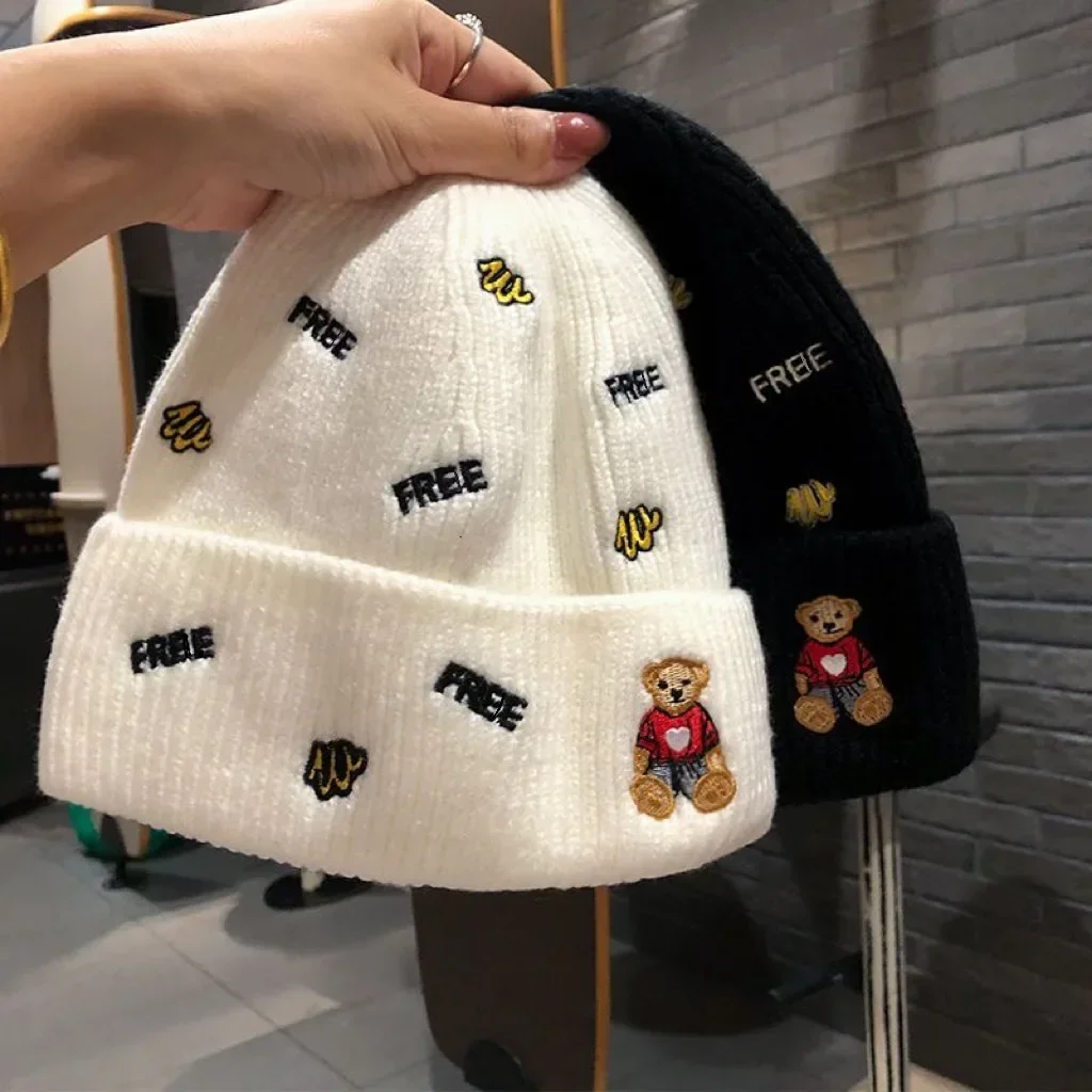 2023 New Bear Letter Wool Hat Woman Korean fashion Cap Trend Warm Ear Protection Cute Winter Knitted Hat Tide
