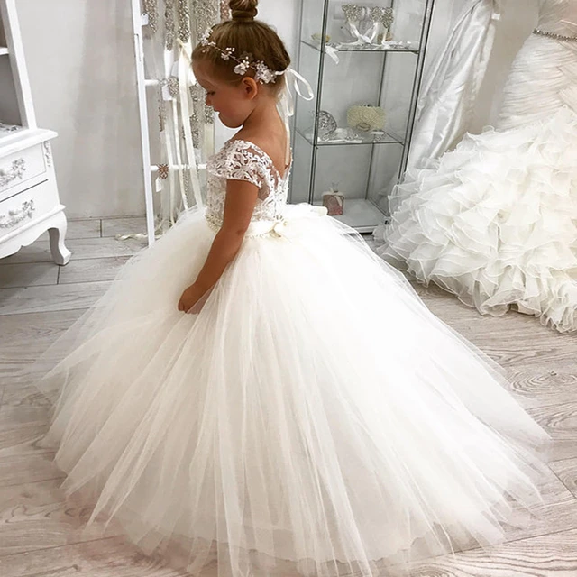 Ball Gown Lace White Flower Girls Dresses Kids Wedding Dress Holy