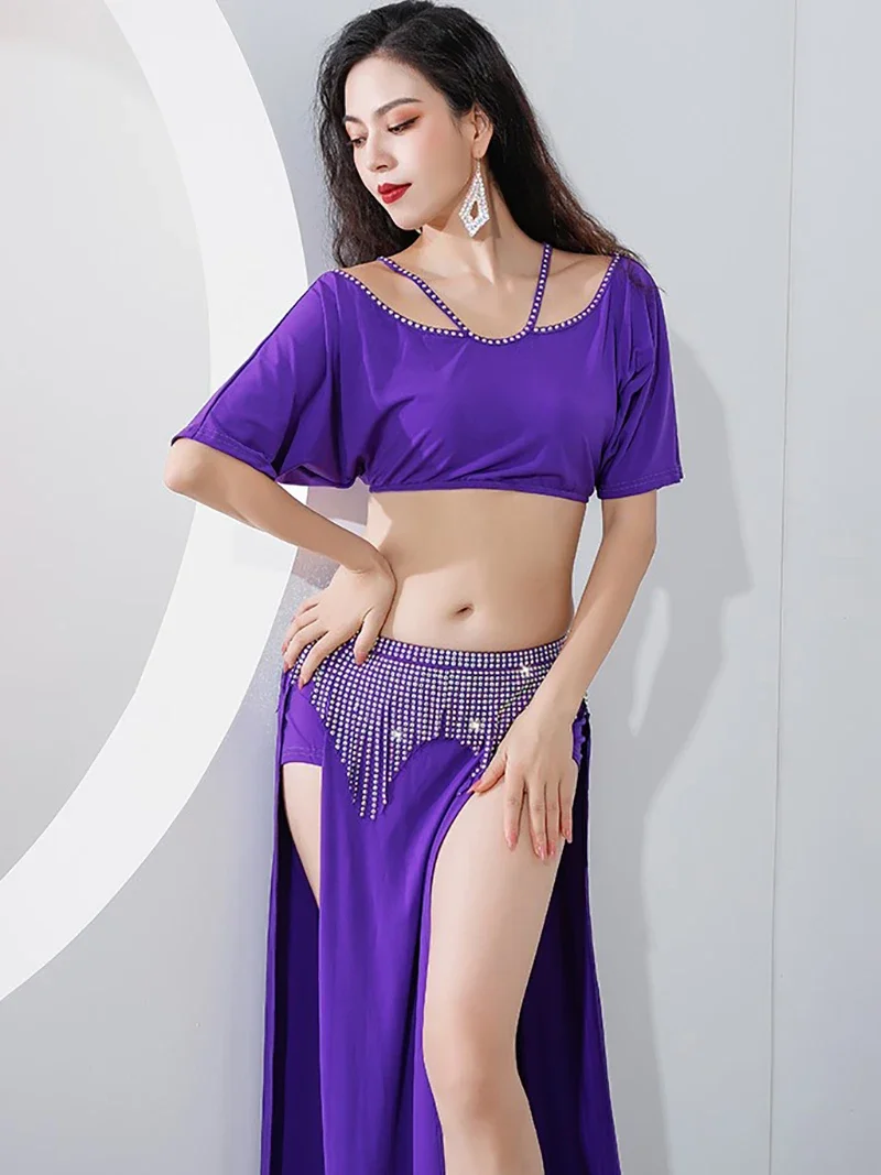 

Women Belly Dance Costume French Bubble Sleeves Half Hollow Out Hot Diamond Tassels Skirts Practice Stage Performance Dancewear