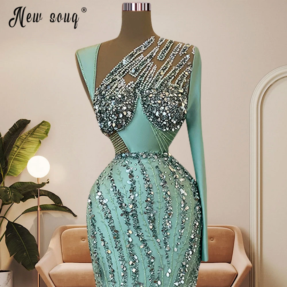 

Зеленое официальное платье с одним рукавом, праздничные платья 2024, выпускные платья с бисером, прозрачный вырез, вечернее платье с кристаллами на заказ