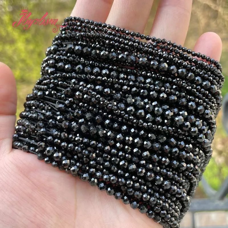 

2mm 3mm 4mm Round Faceted Tiny Small Black Spinels Stone Spacer Beads for DIY Accessories Jewelry Making Necklace Bracelet 15"