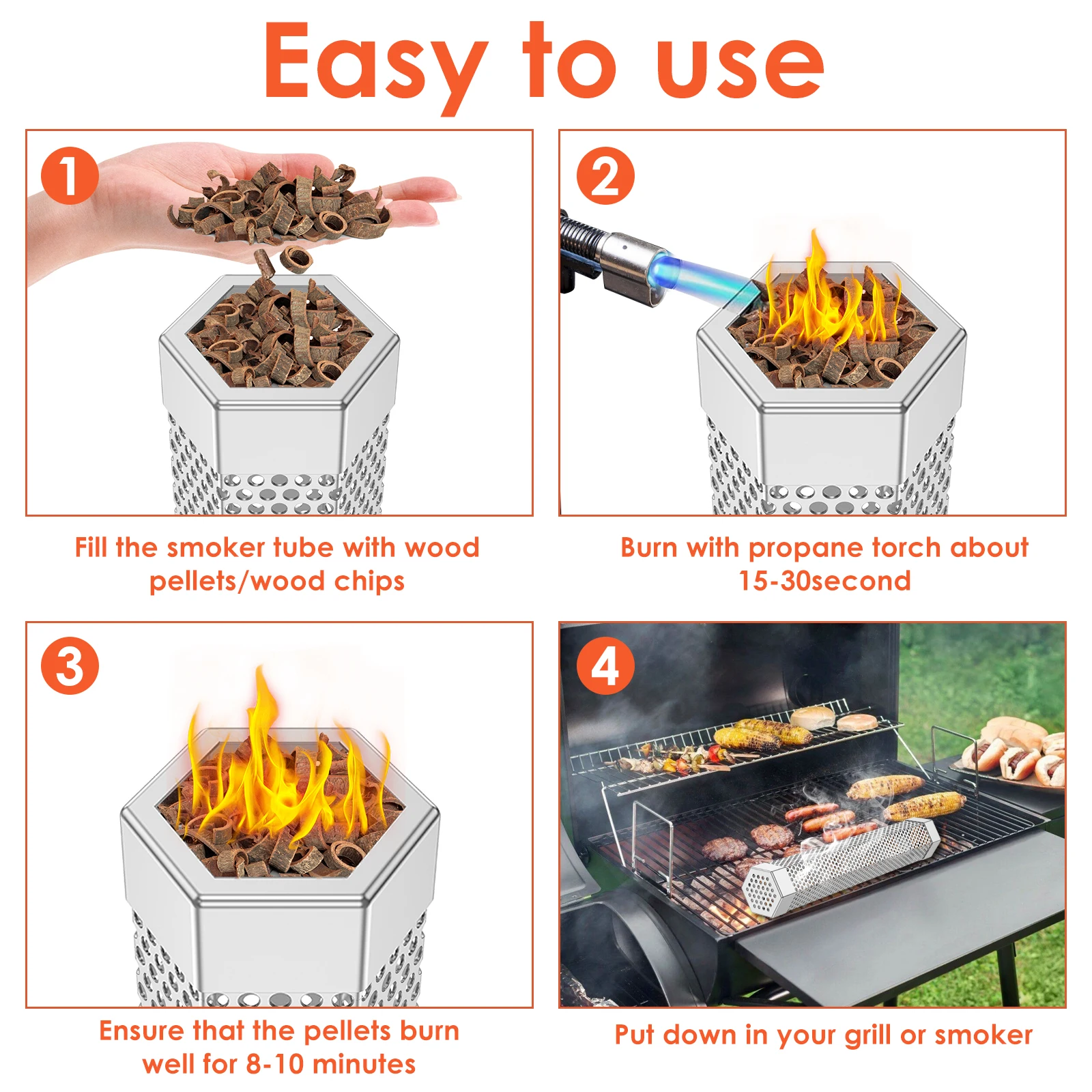 2 Pcs Pellet Smoker Tube Stainless Steel Hexagon Smoker Tube Efficient Smoking Heat Resistant Grill for Hot