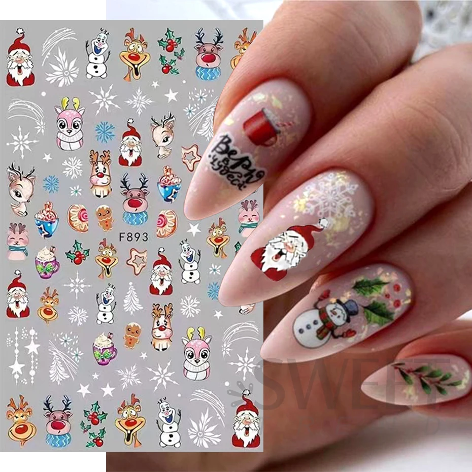 Nail Stickers Nail Art Decoration Nail Decals Merry Christmas Penguin Nail Art Sticker 3D Slider Deer Santa Claus Decal New Year Nail Decorations Sticker Manicure Accessories