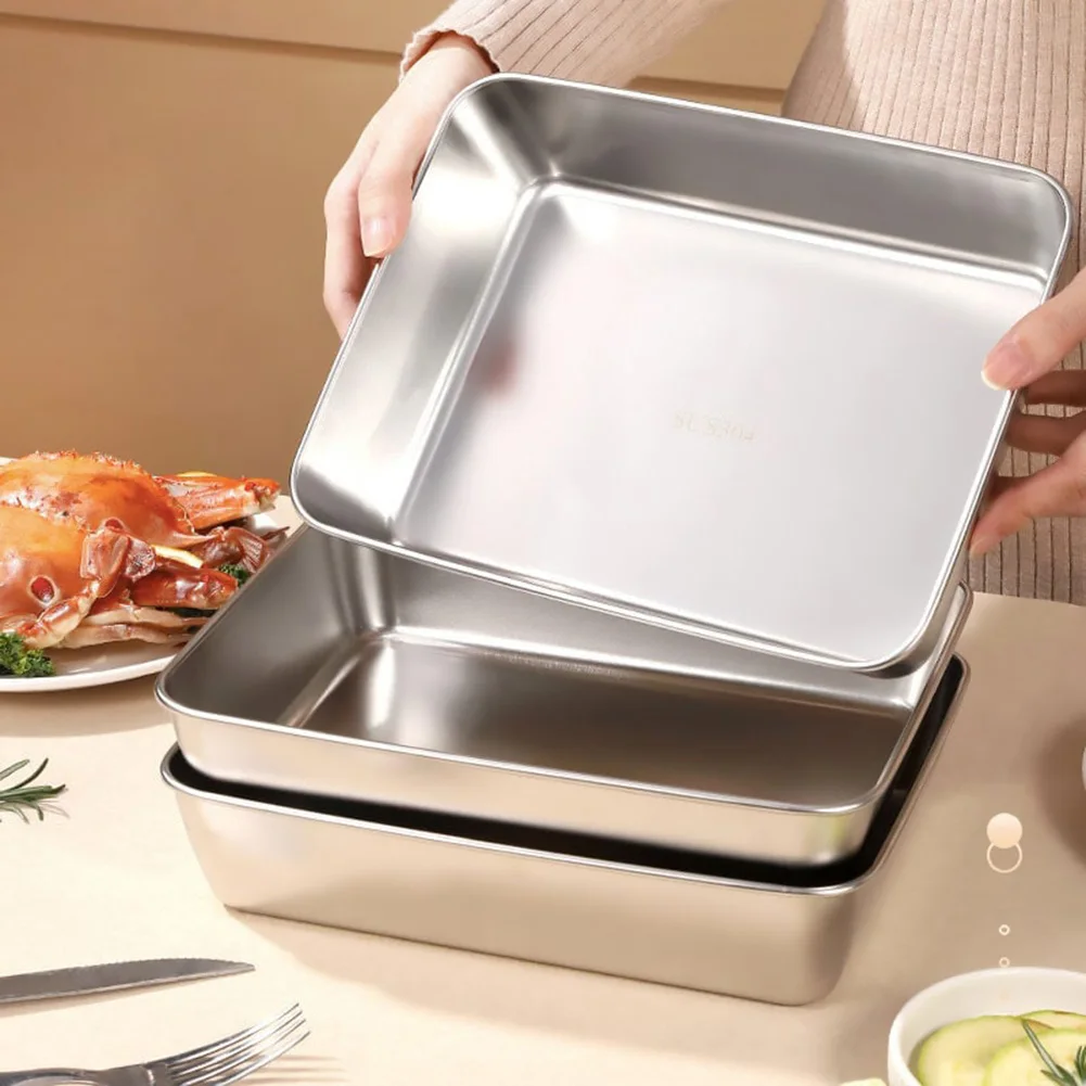 Food Storage Pan Thickened Square Plate Stainless Steel Rectangular Food Storage Pan With Lid Commercial Dish Tray Freshing Lunch Box Container