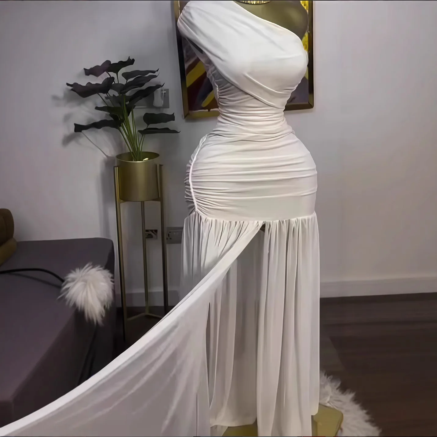 فستان طويل للنساء فساتين بكتف واحد وياقة منحرفة مل...