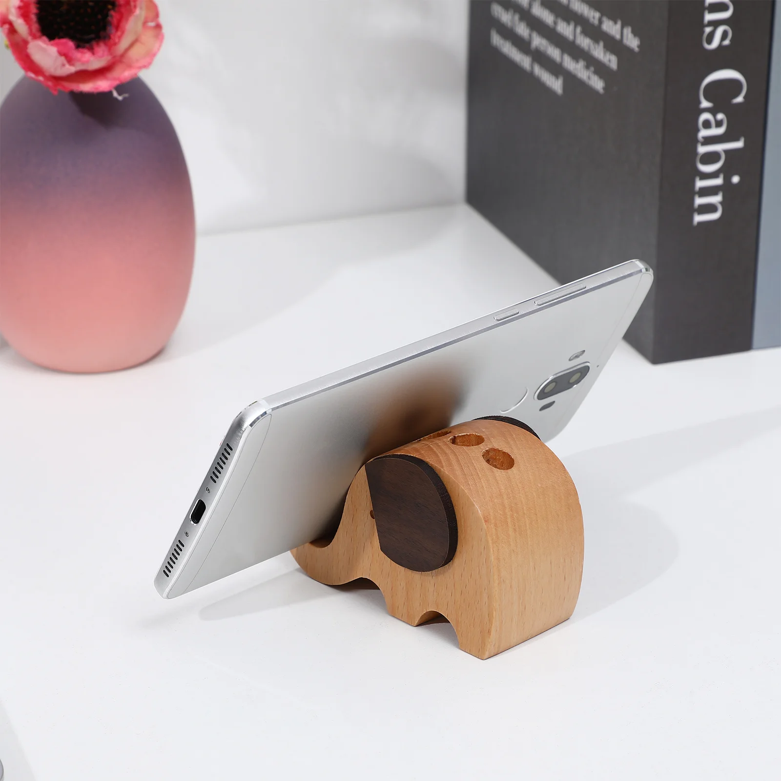 

Wood Phone Stand Elephant Bracket Multifunction Pen Organizer Holder for Desk Bamboo Teacher Decor