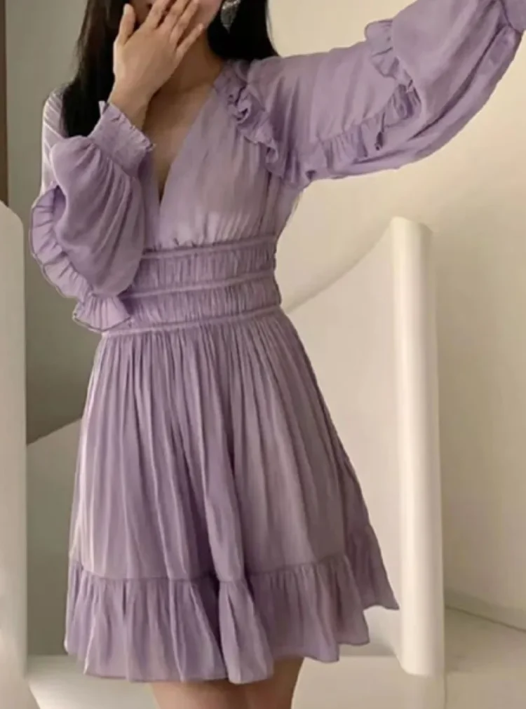 

Женское мини-платье с оборками, элегантное весеннее фиолетовое платье с V-образным вырезом, длинным рукавом и поясом на резинке, 2024