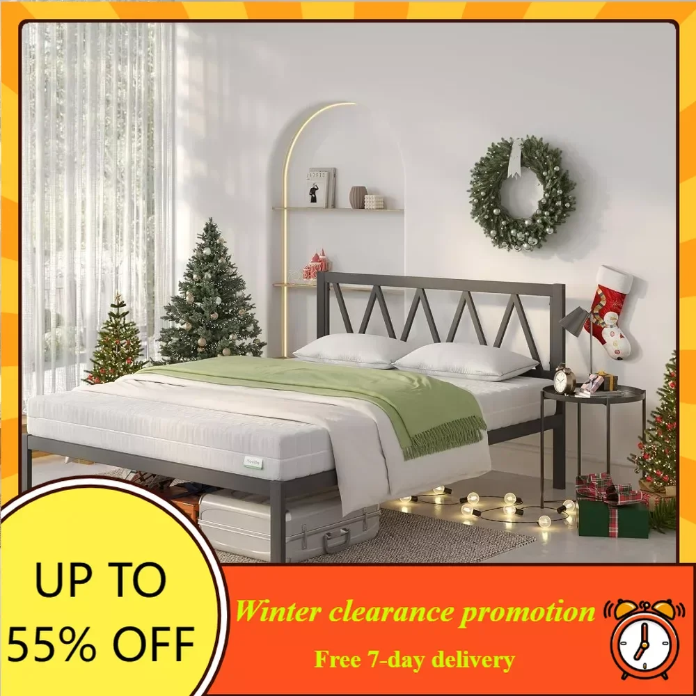 

Рама кровати с металлической платформой и изголовьем кровати, подставка под деревянную планку, без пружины коробки, легкая сборка, черная, королевская