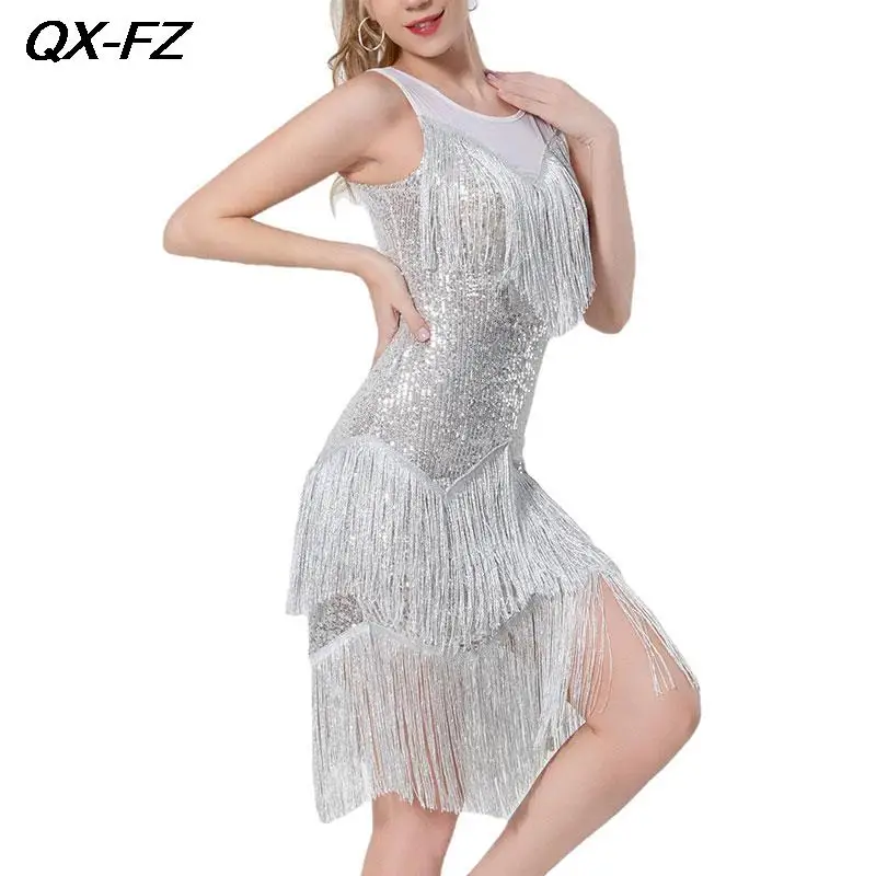 

Женская Блестящая фотоюбка с бахромой, элегантная длинная юбка для выступлений на сцене, Румба ча-Танго, 2023