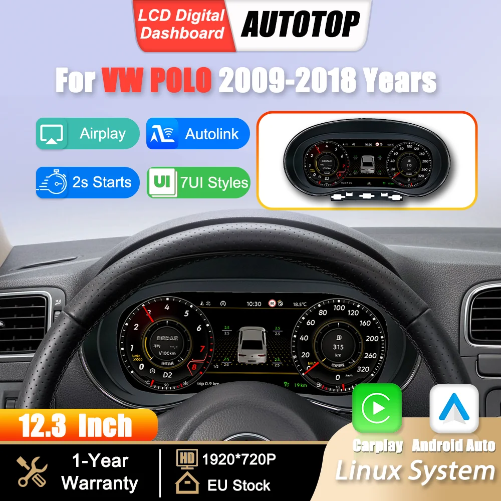 Panel de Instrumentos Digital LCD Linux de 12.3 Pulgadas para VW POLO 2009-2018, Carplay Inalámbrico, Android Auto, Cabina Virtual 1