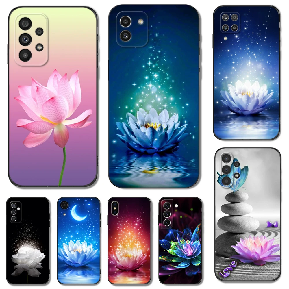Custodia In Tpu Nero Per Samsung Galaxy S23 S22 S20 S21 Fe Plus Ultra + S10 E Lite Cover White Blue Lotus Flowers