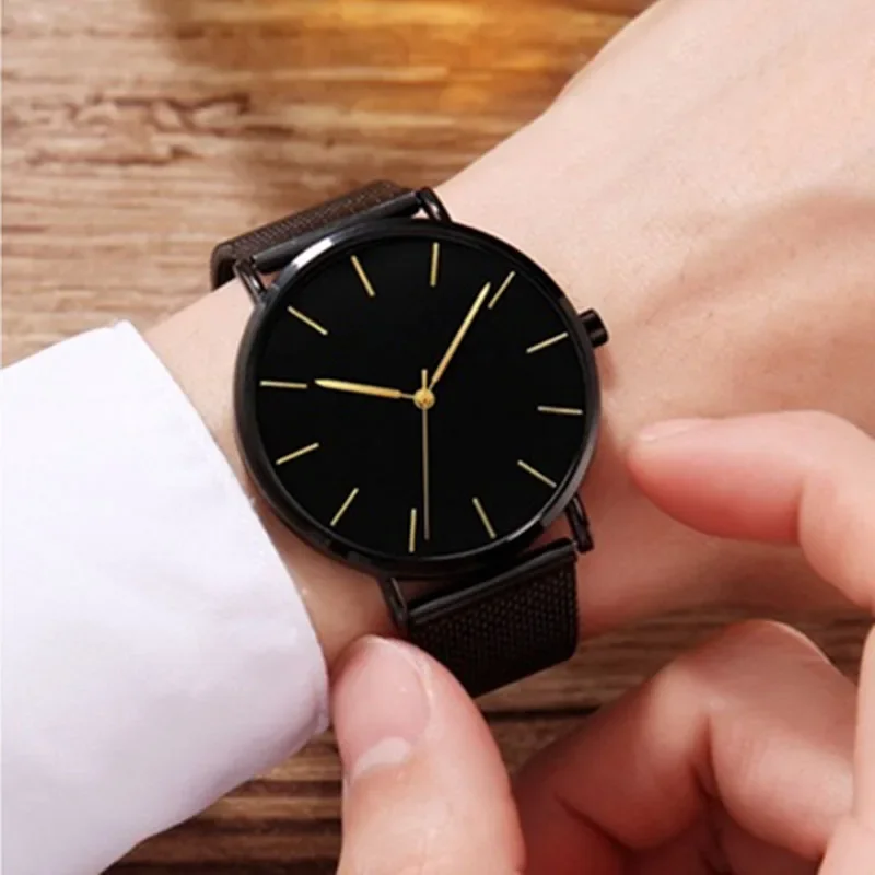 Elegant Men's Ultra Thin Quartz Watch - Black Stainless Steel Mesh, Waterproof Casual Sport Design