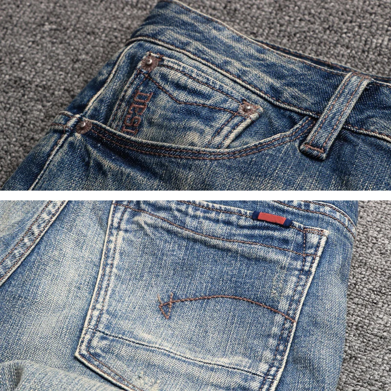 Italian Style Fashion Men Jeans Retro Blue Elastic Slim Fit Ripped Jeans Men Casual Stretch Trousers Vintage Denim Pants Hombre