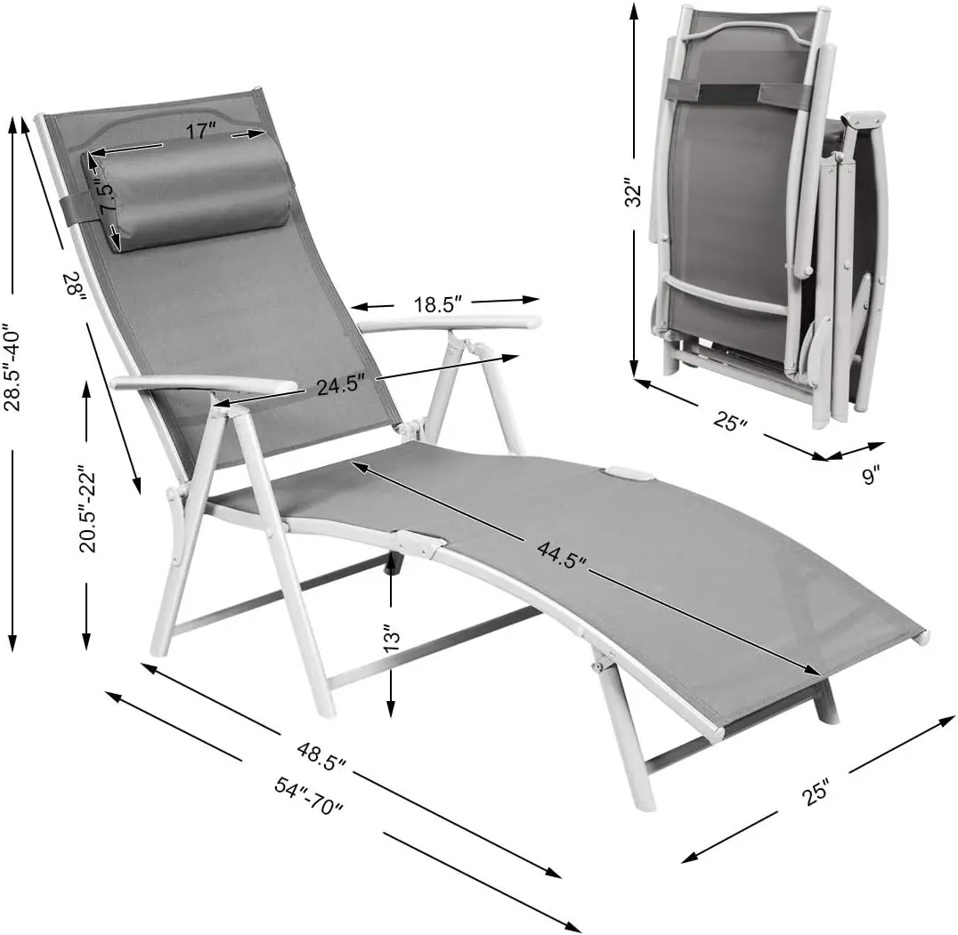 Outdoor Folding Chaise Lounge Chair, Lightweight Recliner Chair w/ 7 Adjustable Backrest Positions, Patio Reclining Beach w