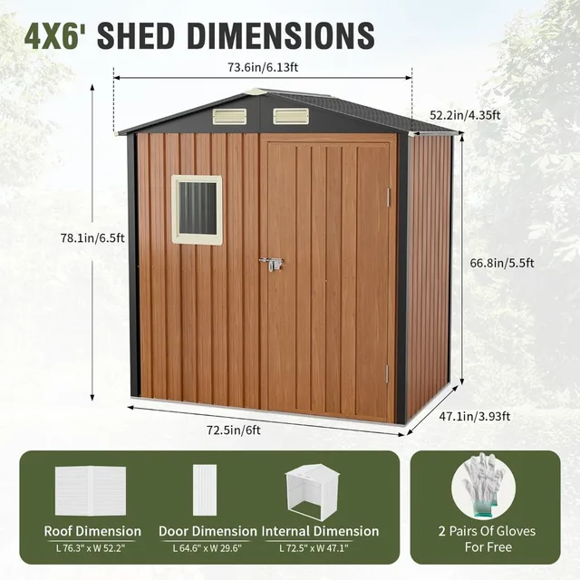 Outdoor Storage Shed 6x4 Ft, Lockable Metal Garden Shed with Window, Tool Shed Tiny House Vertical Outside Storage Building 4