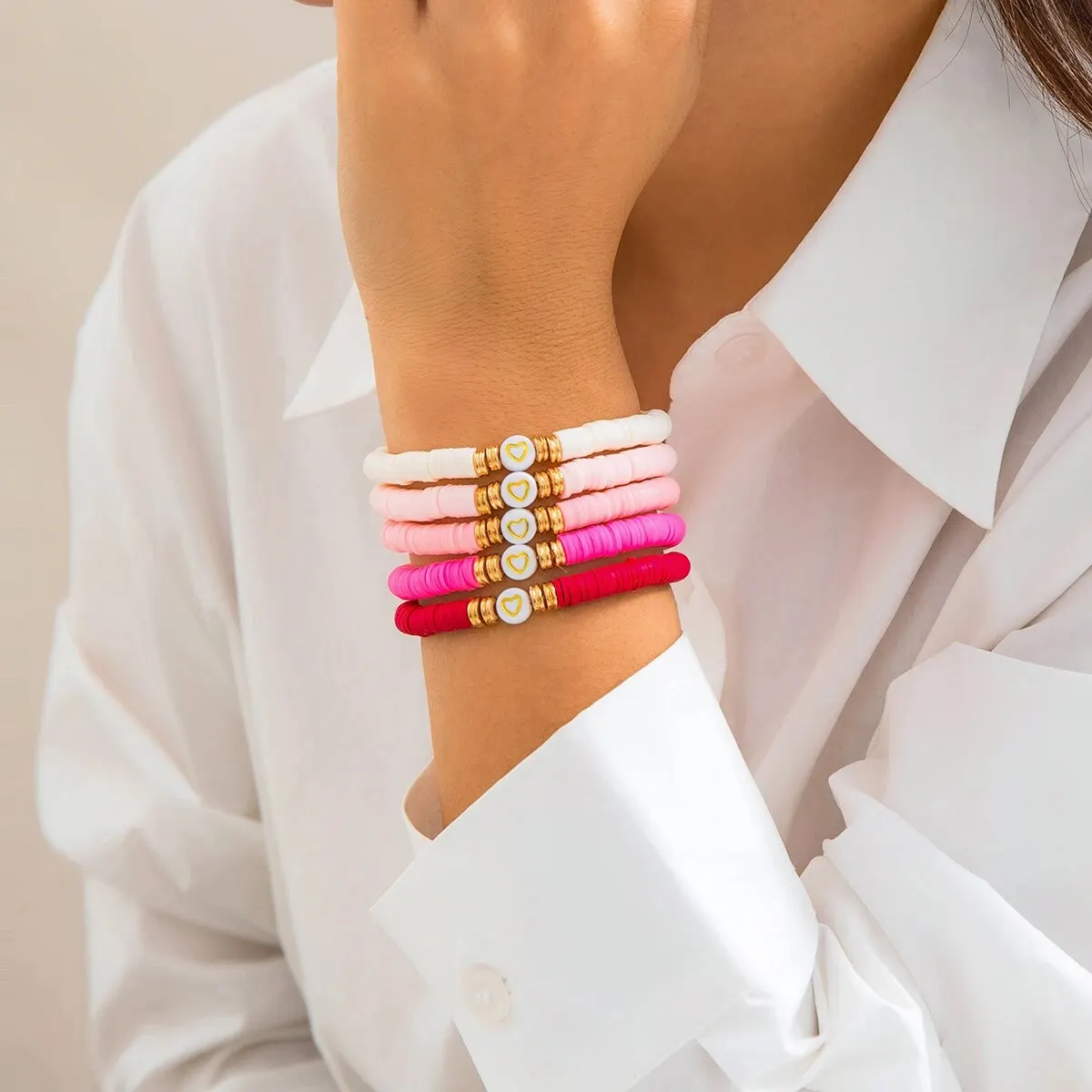 7Pcs/Set Romantic Love Heart Pendant Bracelets for Women Cute Trendy Pink Beaded Couples Bangles Valentine's Day Jewelry Gifts