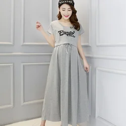 2023 Summer Maternity Cotton Nursing Dress Short Sleeve O-Neck Drawstring Waist Postpartum Woman Lactation Clothes Breastfeeding