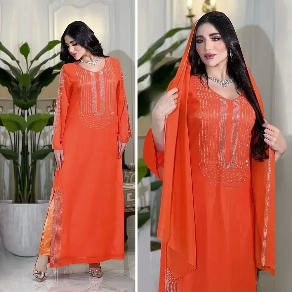 Saudi Arabic Party Long Dress Abaya Caftan Muslim Kaftan for Women Luxury Dubai Diamond Hijab Dresses Islam Morocco Robe Vestido