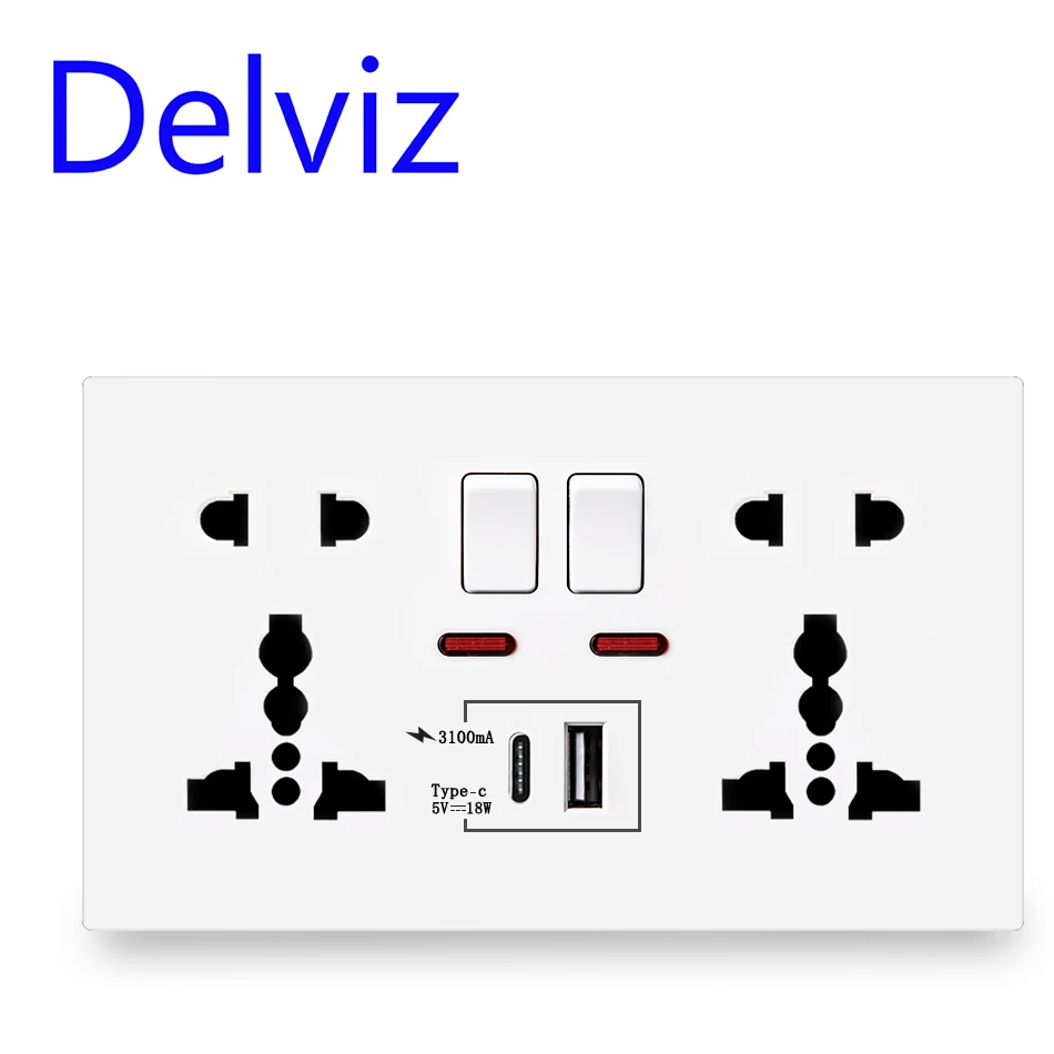 Delviz International universal 5 Hole Socket,USB Charger Port,AC110V-250V, EU Standard Wall Power Socke Dual USB Switched Outlet