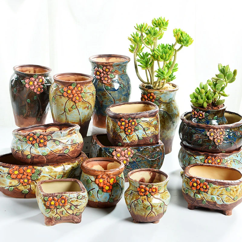 Multidesign Succulent Flower Pot Ceramic Breathable Rough Pottery