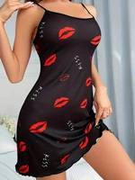 Women's Red Lip Letter Print Sexy Frill Trim Sleepwear Dress Round Neck Backless Slip Dress Comfortable Nightgown - Image 3