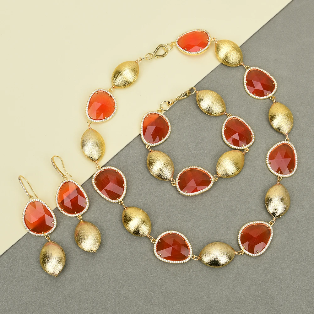 

GG Natural Orange Cat eye Stone CZ Paved Gold Plated Brushed Oval Beads Necklace Bracelet Earrings Sets Handmade Lady Gifts