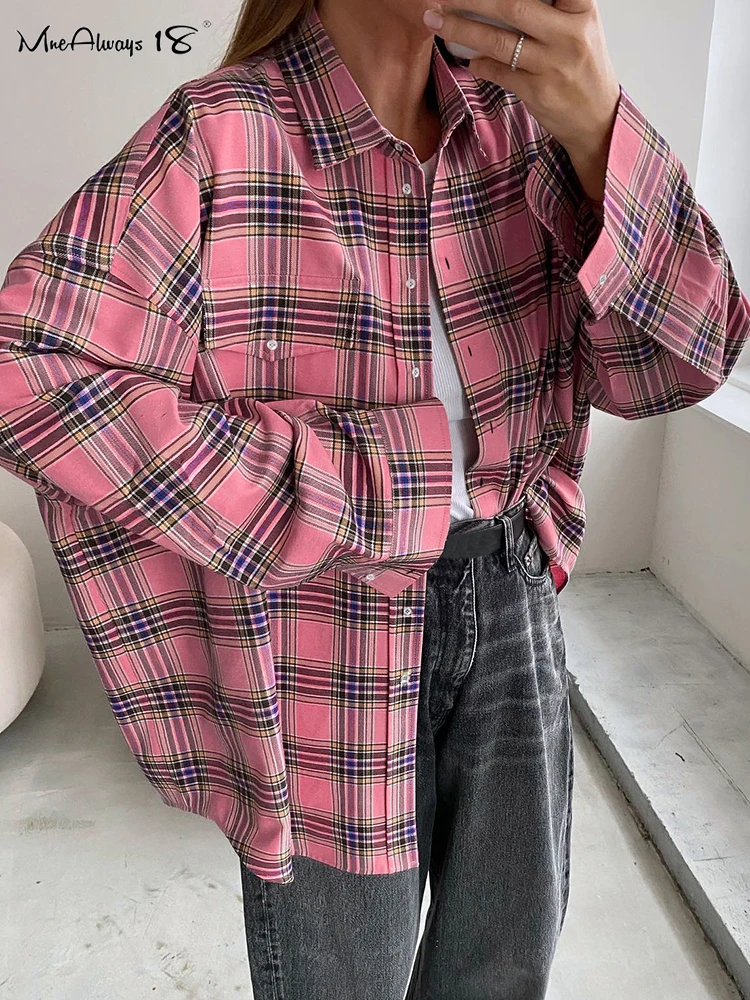 Mnealways18 Pink Plaid Shirts And Tops Women Street Wear Gingham Casual Long Sleeve Top Single-Breasted Oversize Shirt Ladies black jeans women female cotton new oversize harajuku high street womens vintage straight denim mom pants baggy trouser