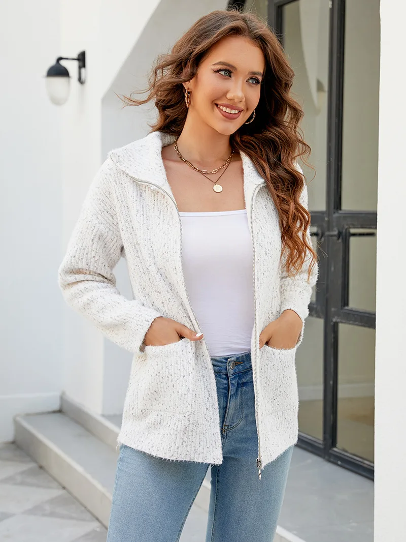 

Autumn Women's Sweaters Loose Casual Stylish Knitting Turn-down Collar with Zippers Open Stitch Winter Female Cardigan C5200