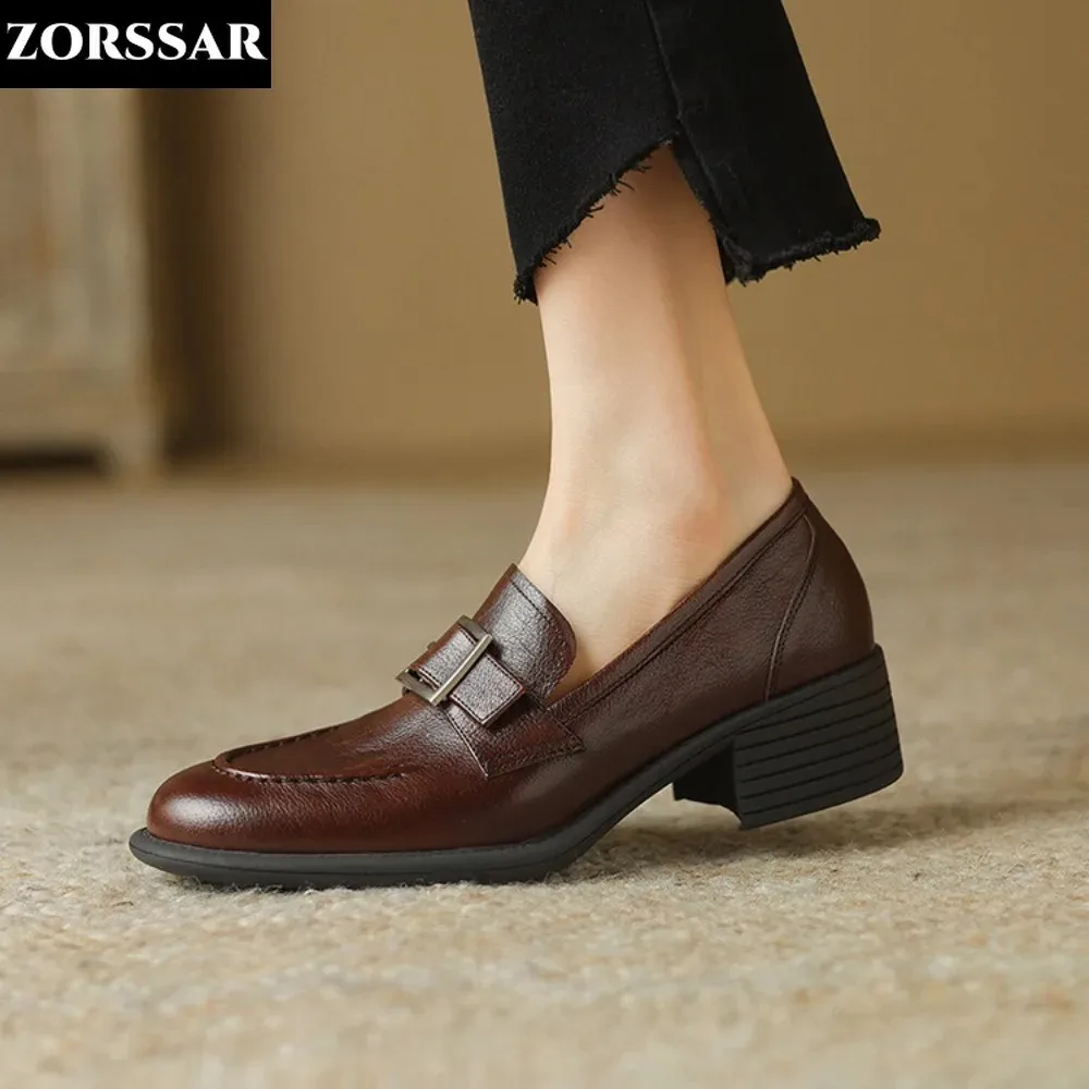 

2024 New Women's Flats Genuine Leather Slip on Flat Shoes Woman Boat Shoes Metal Buckle Dress Shoes Office Zapatos Mujer Spring