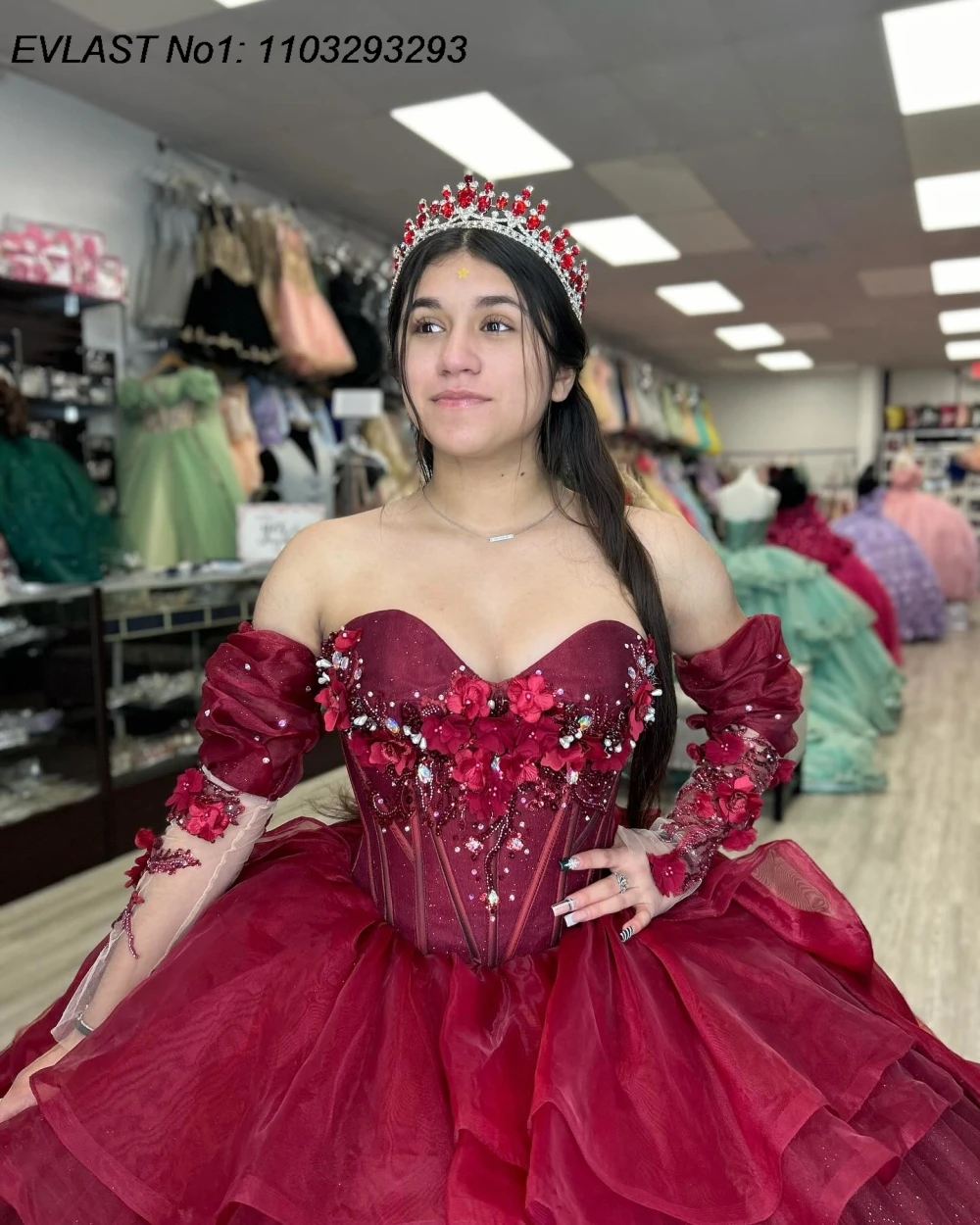 Quinceanera Dress Burgundy Shiny Ball Gown Floral Applique Beading Tiered Sweet 16 E1Q225
