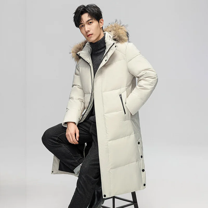 Large collar mid length down jacket for men's winter thick and trendy long white duck down coat 2021 new style 100% fox large fur collar down jacket women mid length fashion thick 90% white duck down belt straight jacket