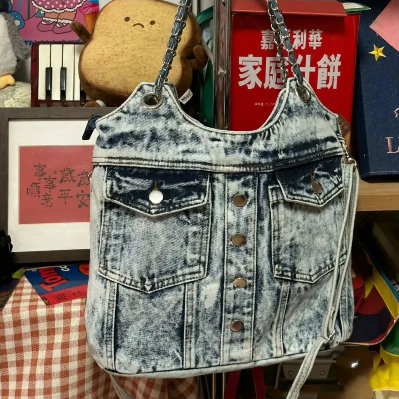 JIAERDI Hot Girls Denim Shoulder Bags Women Harajuku Aesthetic Chain Pocket Y2k Handbag Female Vintage Underarm Crossbody Bag