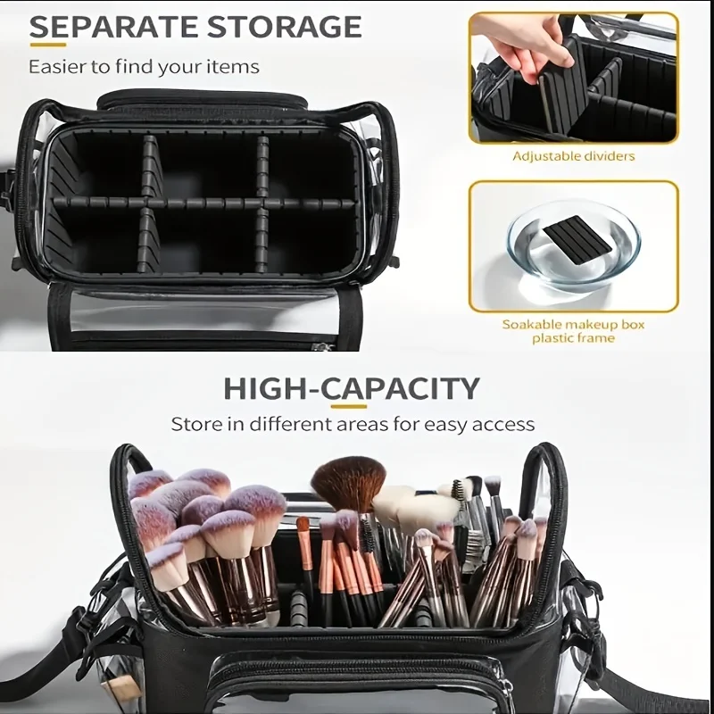 Professional Makeup Brush Holder - Large Clear Waterproof Cosmetic Organizer Bag with Adjustable Strap and Dividers for Easy Acc 6