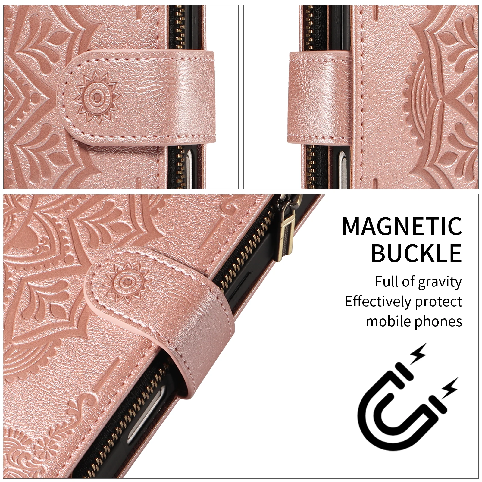 Leather Flip Phone Case - Card Holder Wallet with Zipper and Embossed Design