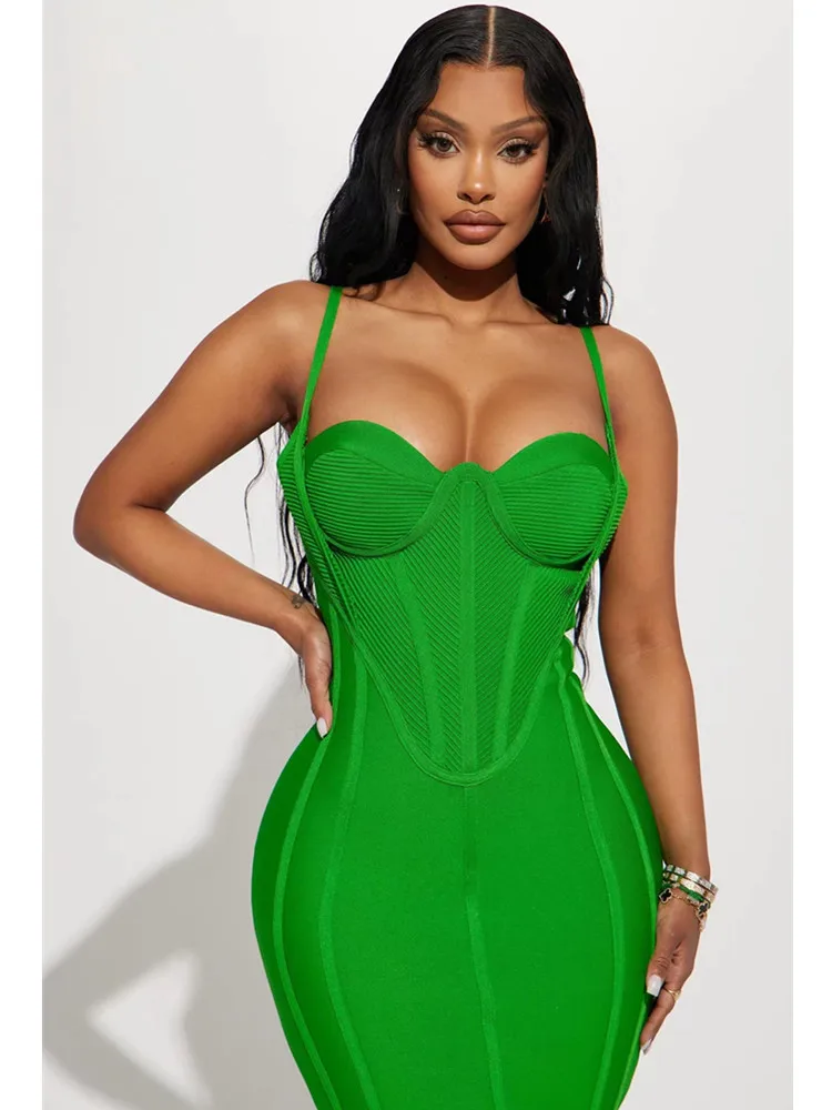 Celebrity Women Summer Sexy Sleeveless Backless Green Midi Bodycon Bandage Dress 2024 Elegant Evening Club Party Dress