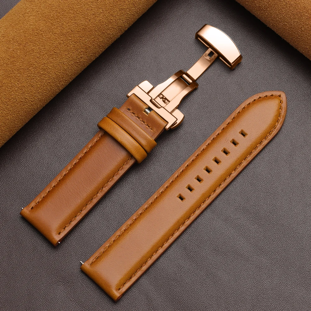 Luxurious Dark Brown Calfskin Leather Watchband with Butterfly Buckle