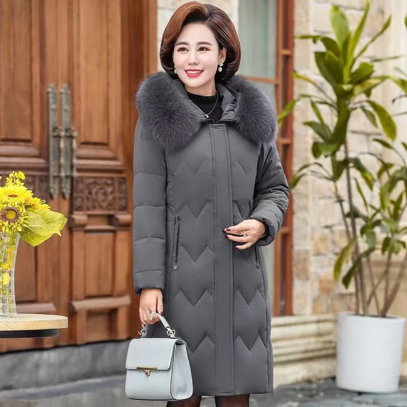 2023 Autumn Winter Middle-aged Elderly Down Jacket Long Style White Duck Down Thick Warm Slim  Fox Fur Collar Hooded Coat Female